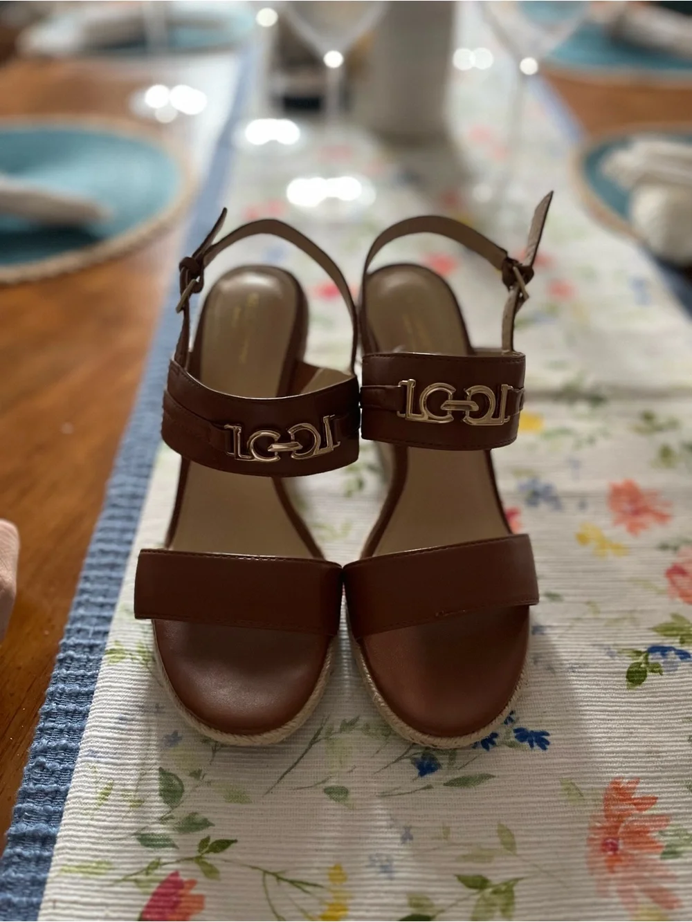 Liz Claiborne Brown Wedge Sandals with Gold Accent